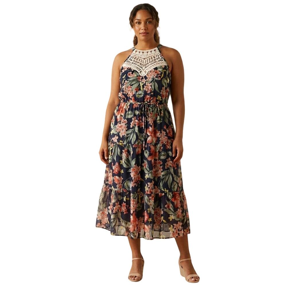 Stella & Julie Floral Halter Maxi Dress NWOT Crochet Lace Neckline Size 16W